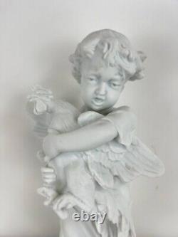 Antique Statue Boy With Rooster Sculpture Biscuit Fortay Sign Figure Rare Old 19