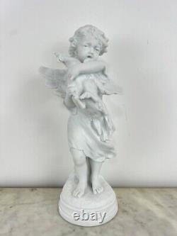 Antique Statue Boy With Rooster Sculpture Biscuit Fortay Sign Figure Rare Old 19