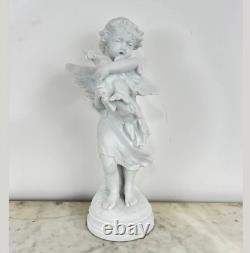 Antique Statue Boy With Rooster Sculpture Biscuit Fortay Sign Figure Rare Old 19