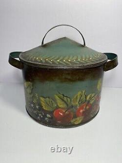 Antique TIN CANNISTER with Fruit TOLE FOLK ART Signed on Old & Unusual Dome Tin