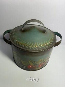 Antique TIN CANNISTER with Fruit TOLE FOLK ART Signed on Old & Unusual Dome Tin