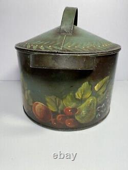 Antique TIN CANNISTER with Fruit TOLE FOLK ART Signed on Old & Unusual Dome Tin