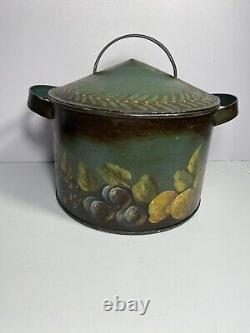 Antique TIN CANNISTER with Fruit TOLE FOLK ART Signed on Old & Unusual Dome Tin