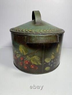 Antique TIN CANNISTER with Fruit TOLE FOLK ART Signed on Old & Unusual Dome Tin