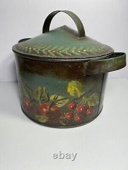 Antique TIN CANNISTER with Fruit TOLE FOLK ART Signed on Old & Unusual Dome Tin