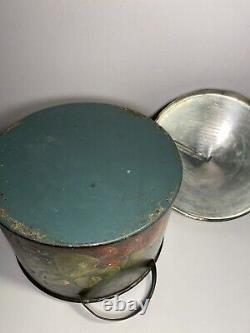 Antique TIN CANNISTER with Fruit TOLE FOLK ART Signed on Old & Unusual Dome Tin