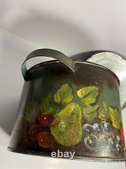 Antique TIN CANNISTER with Fruit TOLE FOLK ART Signed on Old & Unusual Dome Tin