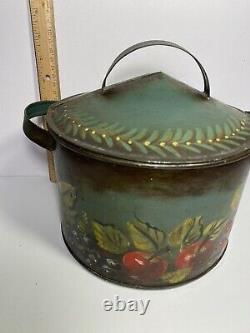 Antique TIN CANNISTER with Fruit TOLE FOLK ART Signed on Old & Unusual Dome Tin