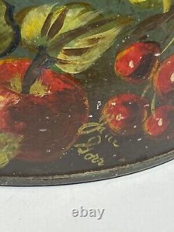 Antique TIN CANNISTER with Fruit TOLE FOLK ART Signed on Old & Unusual Dome Tin