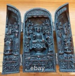 Antique Temple Triptych Sign Chinese Wood Panels Buddhist Lotus Rare Old 20th