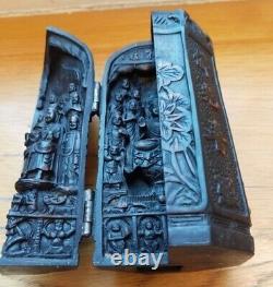 Antique Temple Triptych Sign Chinese Wood Panels Buddhist Lotus Rare Old 20th