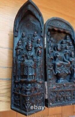 Antique Temple Triptych Sign Chinese Wood Panels Buddhist Lotus Rare Old 20th