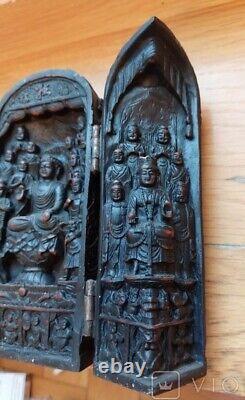 Antique Temple Triptych Sign Chinese Wood Panels Buddhist Lotus Rare Old 20th