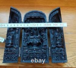 Antique Temple Triptych Sign Chinese Wood Panels Buddhist Lotus Rare Old 20th
