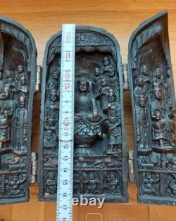 Antique Temple Triptych Sign Chinese Wood Panels Buddhist Lotus Rare Old 20th