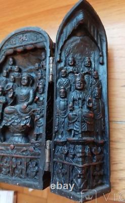 Antique Temple Triptych Sign Chinese Wood Panels Buddhist Lotus Rare Old 20th