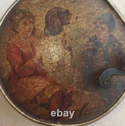 Antique Two Tunes Music Box Paint Hand Dog Girl Boy France Rare Old 19th