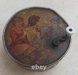 Antique Two Tunes Music Box Paint Hand Dog Girl Boy France Rare Old 19th