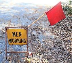 Antique USA Industrial Steel Frame Men Working City Art Safety Street Sign Flag
