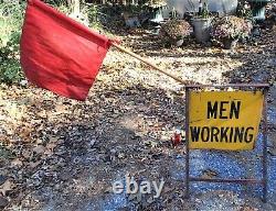 Antique USA Industrial Steel Frame Men Working City Art Safety Street Sign Flag