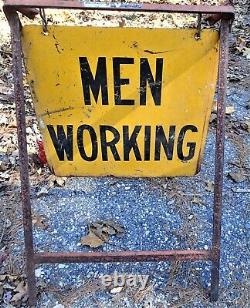 Antique USA Industrial Steel Frame Men Working City Art Safety Street Sign Flag