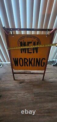 Antique USA Industrial Steel Frame Men Working City Art Safety Street Sign Flag