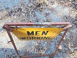 Antique USA Industrial Steel Frame Men Working City Art Safety Street Sign Flag