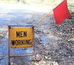 Antique USA Industrial Steel Frame Men Working City Art Safety Street Sign Flag