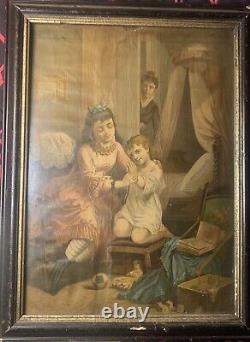 Antique VERY OLD lithograph 1879 In Original Wood Frame Victorian Art SIGNED