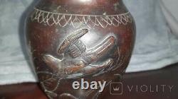 Antique Vase Sign Chinese Copper Engraved Fish Birds Art Decor Rare Old 19th