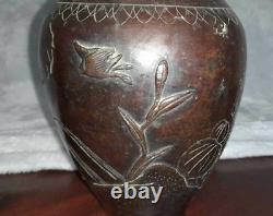 Antique Vase Sign Chinese Copper Engraved Fish Birds Art Decor Rare Old 19th