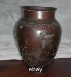 Antique Vase Sign Chinese Copper Engraved Fish Birds Art Decor Rare Old 19th