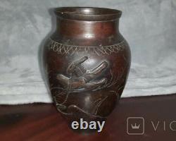 Antique Vase Sign Chinese Copper Engraved Fish Birds Art Decor Rare Old 19th