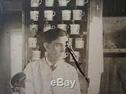 Antique Very Early American Barber Shaving Mugs Zepp's Sign Wood Chair Old Photo