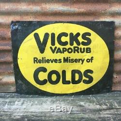 Antique Vicks Vaporub Metal Sign Vintage Old Pharmacy Medicine 17x23 Tin Tacker