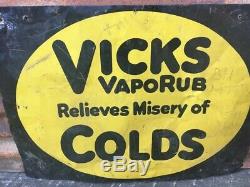 Antique Vicks Vaporub Metal Sign Vintage Old Pharmacy Medicine 17x23 Tin Tacker