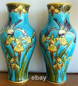 Antique Victor Yung Pair Enamelled Vases Earthenware Sèvres Iris Signed Old19th