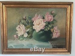 Antique Victorian Pink Rose Floral Still Life Oil Painting Old Signed Kundert