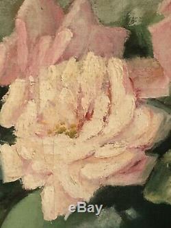 Antique Victorian Pink Rose Floral Still Life Oil Painting Old Signed Kundert