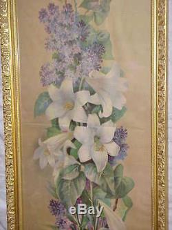 Antique Victorian Sgd Sangon Easter Lilies Lilacs Floral Yardlong Print Orig Old