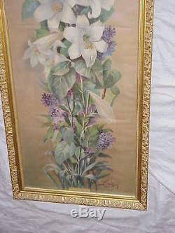 Antique Victorian Sgd Sangon Easter Lilies Lilacs Floral Yardlong Print Orig Old