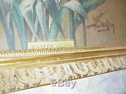 Antique Victorian Sgd Sangon Easter Lilies Lilacs Floral Yardlong Print Orig Old