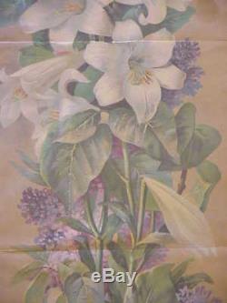 Antique Victorian Sgd Sangon Easter Lilies Lilacs Floral Yardlong Print Orig Old