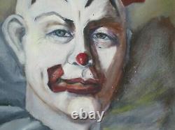 Antique Vintage Clown Face Head Circus Painting MID Century Signed Portrait Old