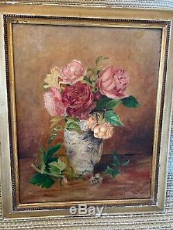 Antique Vintage Old Rose GOLD FRAMED PINK CANVAS Oil Painting Shabby 1888 SIGNED