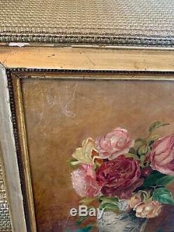 Antique Vintage Old Rose GOLD FRAMED PINK CANVAS Oil Painting Shabby 1888 SIGNED