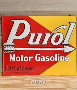 Antique Vintage Old Style Purol Oil Gas Metal Steel Sign