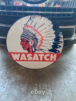 Antique Vintage Old Style Sign Wasatch Gasoline 30 Round Made USA