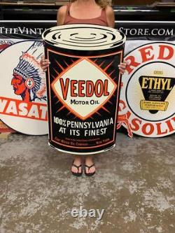 Antique Vintage Old Style Steel Sign Veedol Oil NOT Porcelain Made USA