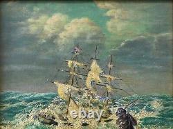 Antique Vintage Old WPA Nautical Sailor Seascape Oil Painting, Signed'40s